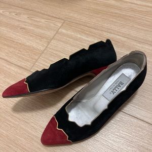 Bally Suede Black, Red, Gold Trim Heels